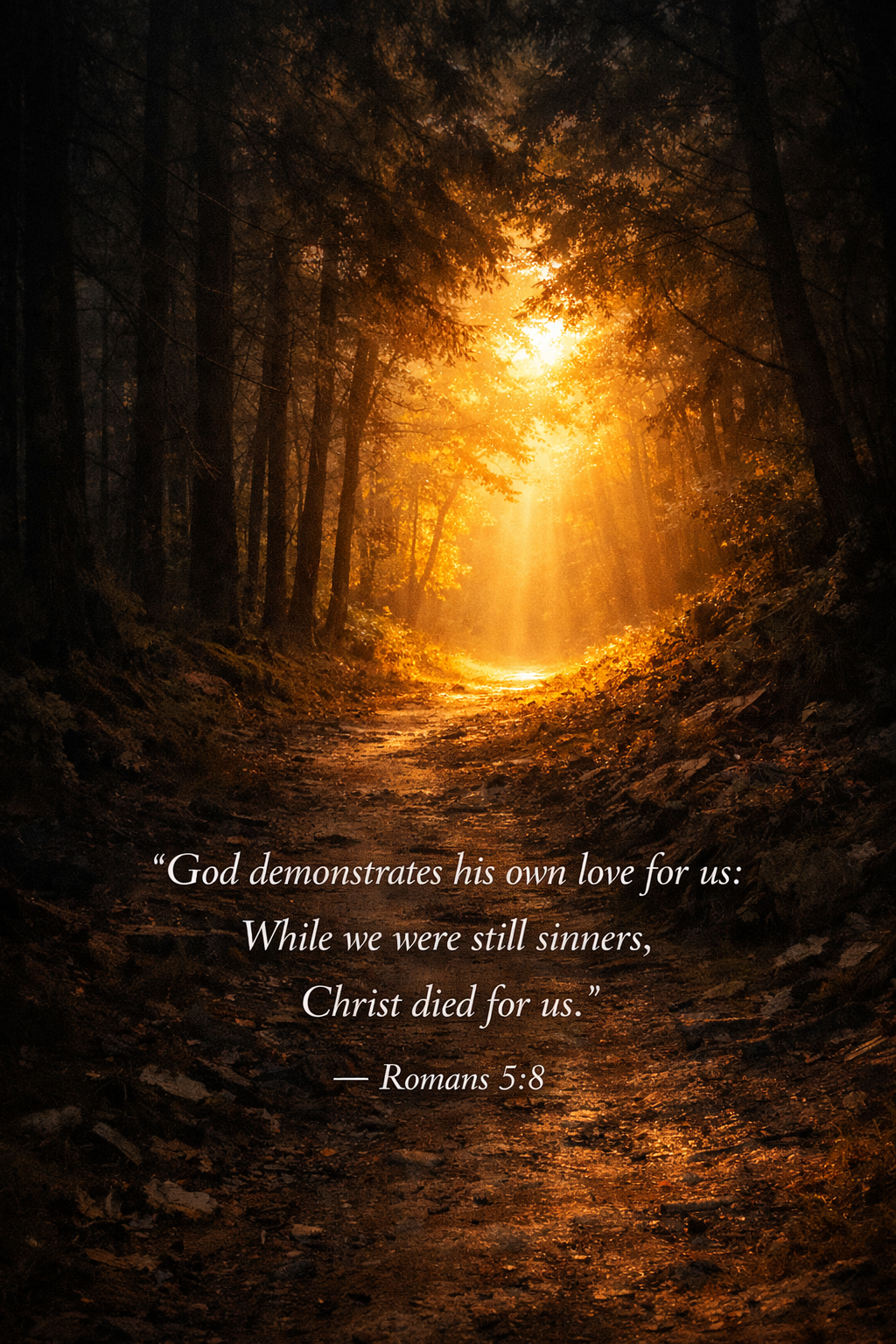 Romans 5:8 Bible verse phone wallpaper - God demonstrates his love while sinners Christ died for us - narrow forest path leading to golden light clearing
